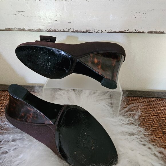 Stuart Weitzman -Women`s Brown Satin Bow PeepToe Wedge Heel Shoe Pump size 7.5 - Picture 5 of 6
